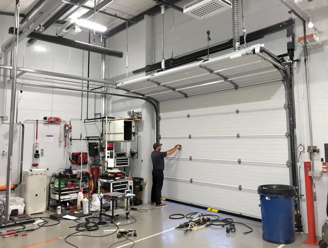 Simsbury Garage Door Repair certified technician performing commercial door repair at a Simsbury business facility