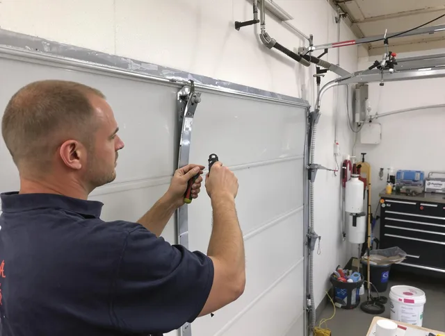 Before and after garage door dent repair by Simsbury Garage Door Repair in Simsbury