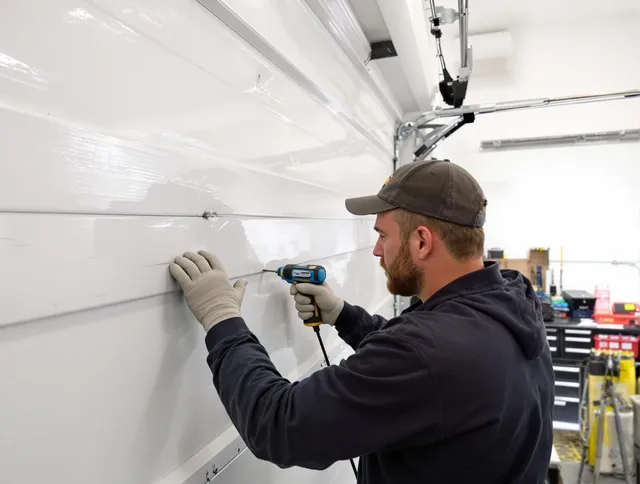 Simsbury Garage Door Repair technician demonstrating precision dent removal techniques on a Simsbury garage door