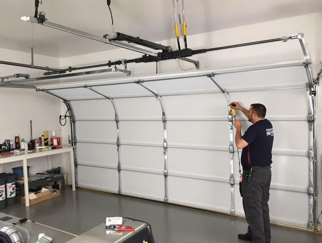 Simsbury Garage Door Repair certified technician performing overhead door system repair in Simsbury