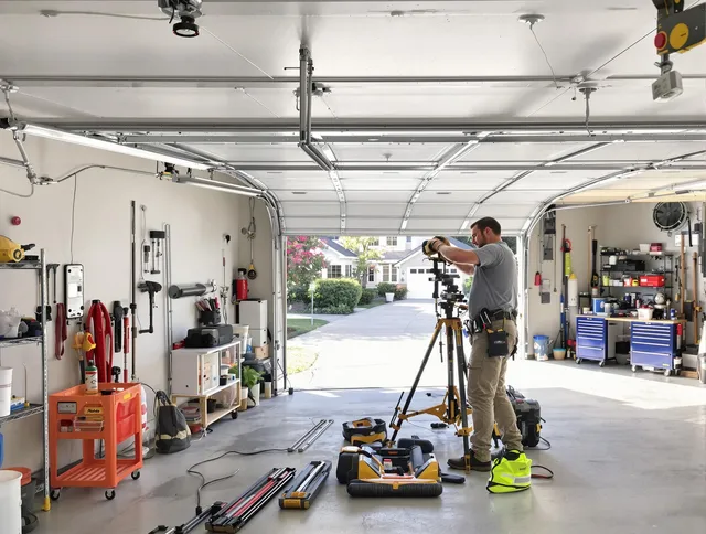Simsbury Garage Door Repair specialist performing laser-guided track alignment in Simsbury